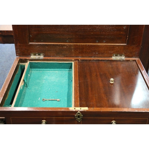 476 - Mahogany and inlaid silver chest with hinge top concealing lift out trays above eight faux drawers r... 