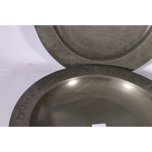 257 - Two pewter communion charger dishes or plates inscribed 