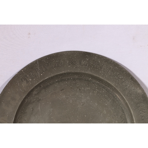 257 - Two pewter communion charger dishes or plates inscribed 