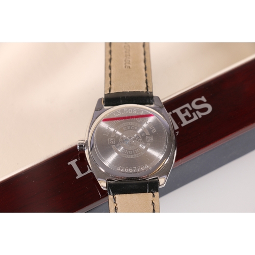 105 - Longines Lungomare stainless steel wristwatch with date aperture on black leather strap