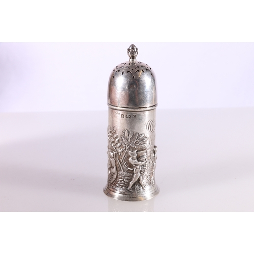 139 - Edwardian Art Nouveau period silver caster decorated in relief with a procession of figures includin... 