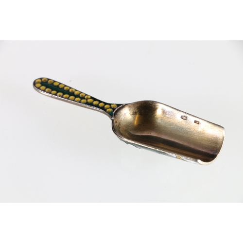 33 - Russian enamelled silver tea caddy spoon with gilt interior marked sickle and hammer inside a star, ... 