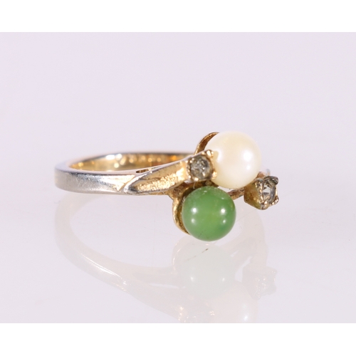 61 - Yellow metal white stone, pearl and jade crossover ring stamped HGE, 2.3g