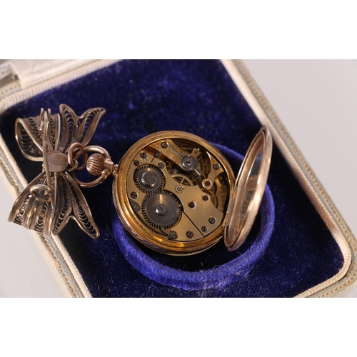 99 - 9ct gold keyless half hunter type nurses style breast watch with engraved case suspended on filigree... 