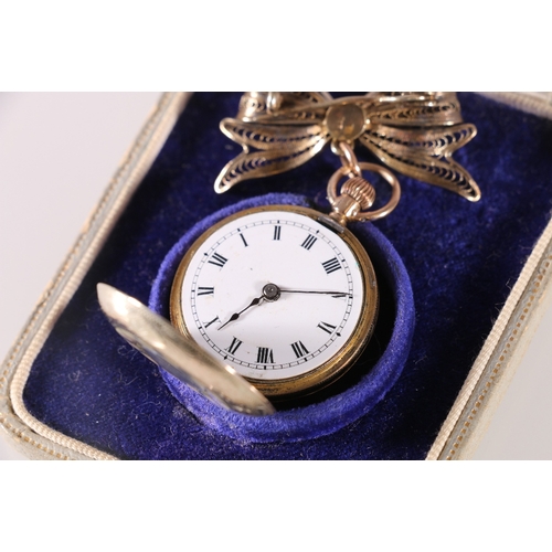 99 - 9ct gold keyless half hunter type nurses style breast watch with engraved case suspended on filigree... 