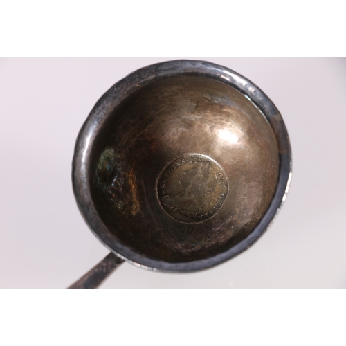 160 - Georgian toddy ladle, the bowl inset with a George II shilling 1735 and having twisted baleen handle... 