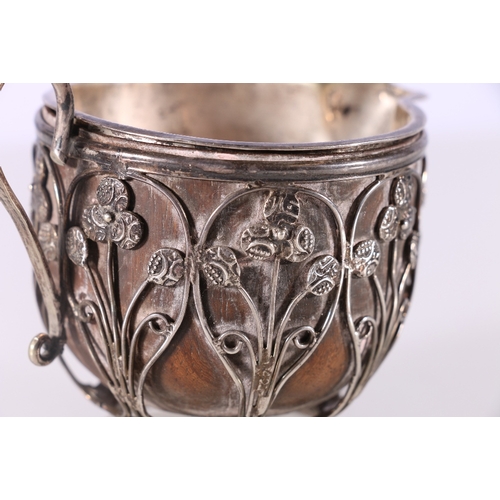 161 - White metal clad turned wood jug, possibly silver, with floral designs, 7cm tall