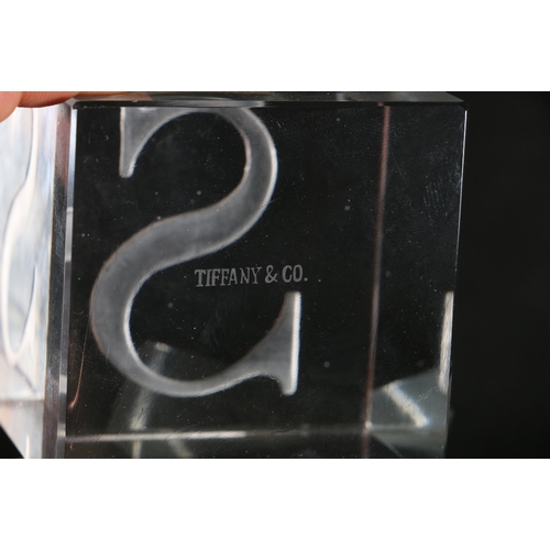 212 - Set of four Tiffany & Co art glass cube paperweights with frosted intaglio initials  J, I, ... 