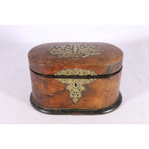 218 - Antique walnut tea caddy of rounded shape with brass onlaid decoration and twin division interior wi... 