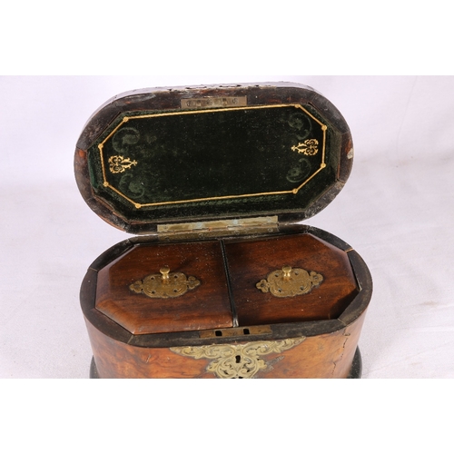 218 - Antique walnut tea caddy of rounded shape with brass onlaid decoration and twin division interior wi... 