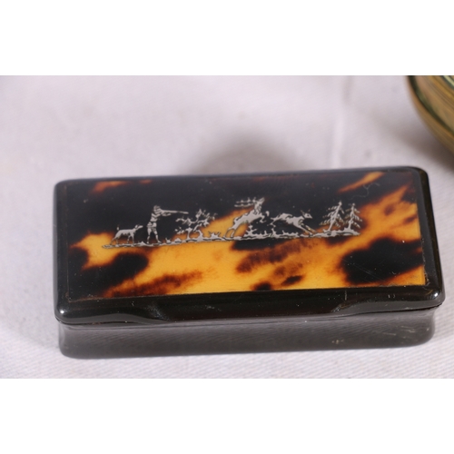 233 - Dutch brass snuff box of oval shape with incised decoration 12cm long and a tortoiseshell snuff box ... 