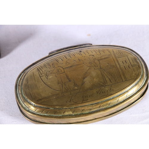 233 - Dutch brass snuff box of oval shape with incised decoration 12cm long and a tortoiseshell snuff box ... 