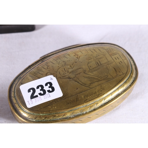 233 - Dutch brass snuff box of oval shape with incised decoration 12cm long and a tortoiseshell snuff box ... 