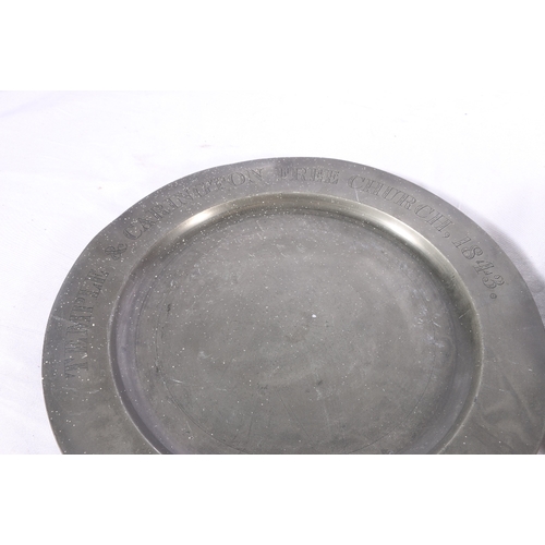 257 - Two pewter communion charger dishes or plates inscribed 