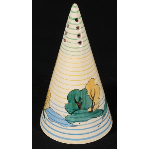 179 - Art Deco Clarice Cliff Wilkinson Ltd conical sugar castor decorated with cottage amongst trees desig... 