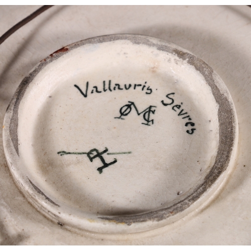 204 - Vallauris Sevres pottery dish decorated with stork and frog in reeds, painted marks to base, 16.5cm ... 