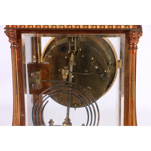 216 - French four glass mantel clock in coppered brass case having mercury pendulum, works stamped AI and ... 