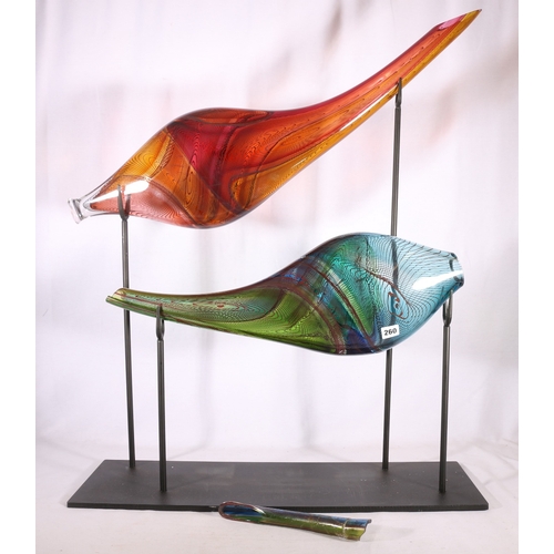 260 - Contemporary art glass sculpture, loosely modelled as fish, etched signature perhaps Bob Glass, on m... 