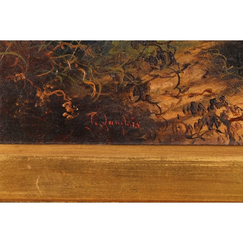 334 - J LANGLOIS (1855-1904) Terriers rabbiting and terrier chasing mouse Two signed oil on canvases 24cm ... 