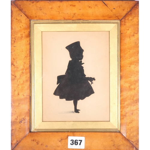 367 - 19th century silhouette of a young child within bird's eye maple frame, frame size 28cm x 24cm