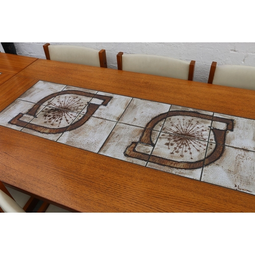 472 - Farstrup Danish teak dining room suite, the tile top table with two additional leaves and six side c... 