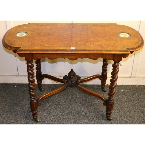 475 - 19th century walnut table with shaped edge, crossbanding, two circular Serves panels inset, shaped f... 