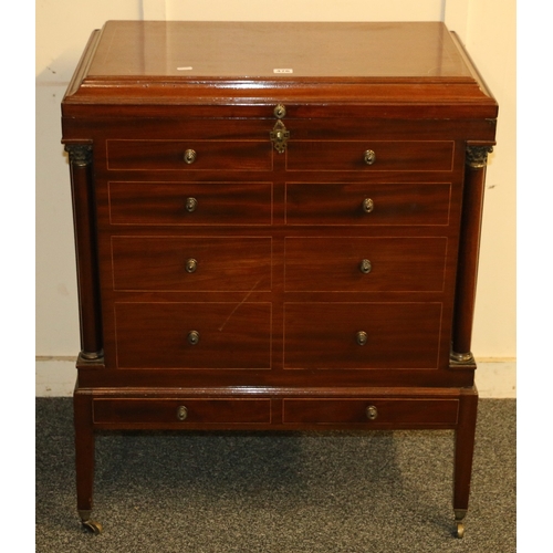 476 - Mahogany and inlaid silver chest with hinge top concealing lift out trays above eight faux drawers r... 