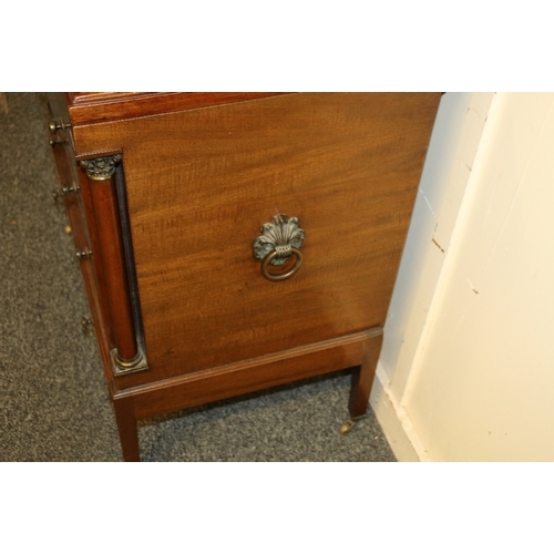 476 - Mahogany and inlaid silver chest with hinge top concealing lift out trays above eight faux drawers r... 