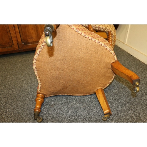 479 - Victorian oak framed yoke back chair upholstered in red and gold patterned fabric, the back rest rai... 