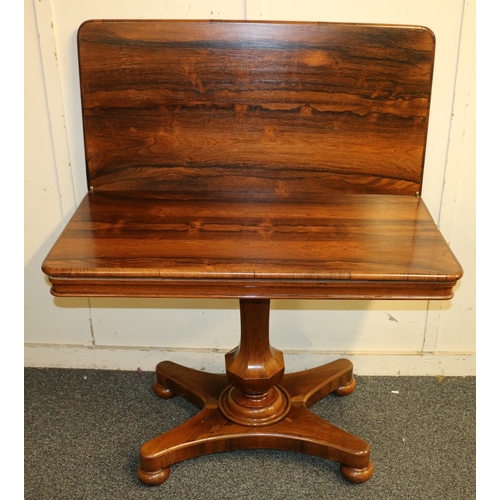 480 - Victorian rosewood turn over tea table raised on tapering octagonal column terminating in quadripart... 