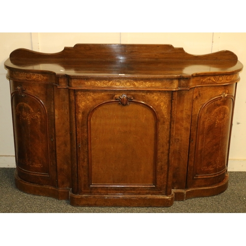 488 - Victorian walnut credenza of serpentine demi lune form having ledge back over three marquetry inlaid... 