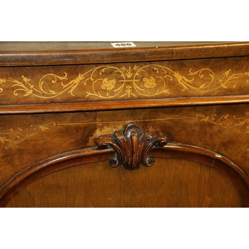 488 - Victorian walnut credenza of serpentine demi lune form having ledge back over three marquetry inlaid... 