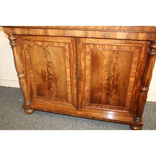 496 - Victorian mahogany chiffonier with shaped ledge back raised on scroll supports above faux frieze dra... 