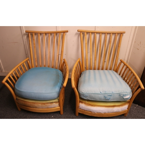 502 - Ercol blonde oak three piece lounge suite comprising sofa and two arm chairs