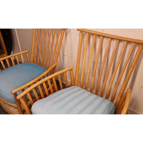 502 - Ercol blonde oak three piece lounge suite comprising sofa and two arm chairs