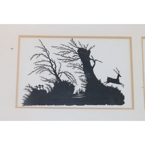 303 - Set of eleven paper cut silhouettes most with animals and some with hunting scenes, framed together ... 