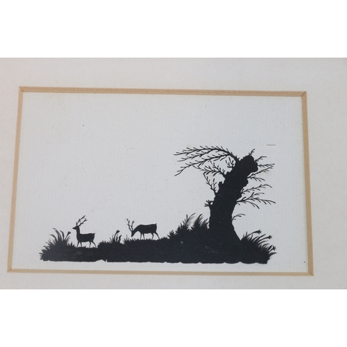 303 - Set of eleven paper cut silhouettes most with animals and some with hunting scenes, framed together ... 