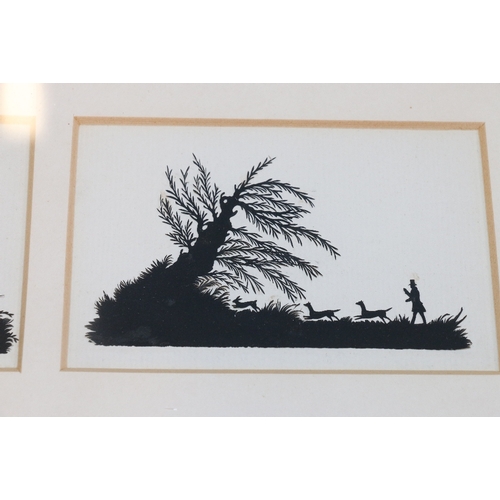 303 - Set of eleven paper cut silhouettes most with animals and some with hunting scenes, framed together ... 