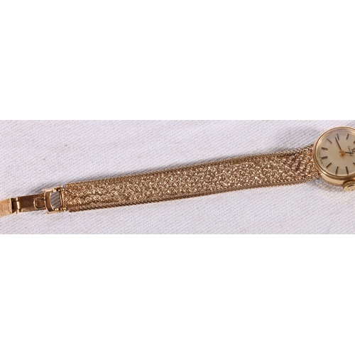 130 - Ladies 9ct gold Omega wristwatch on 9ct gold woven bracelet, 20g gross, in Omega box