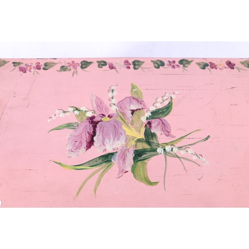 138 - Hand painted artists's box with hand painted decoration of flowers on a pink ground, 34cm x 23cm&nbs... 