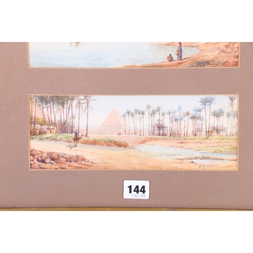 144 - MARCHETTINI Egyptian pyramid scene and anotherSigned watercolours 9cm x 25cm, framed together... 