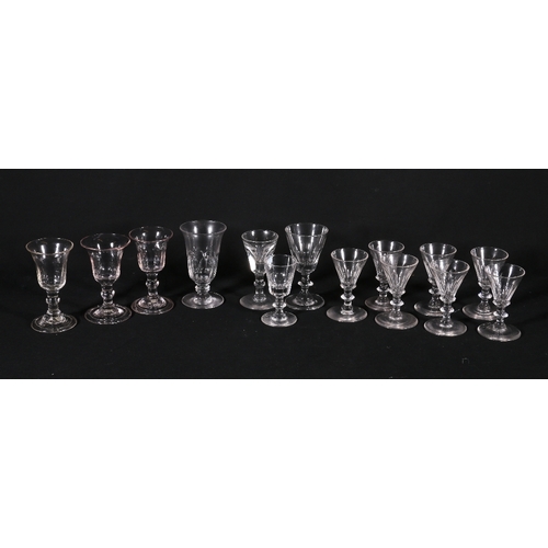 219 - Near set of three antique glass drinking glasses with inverted bell shaped bowls raised on knop stem... 