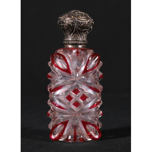 225 - Victorian cranberry flash cut glass perfume bottle with white metal cap, 10cm tall