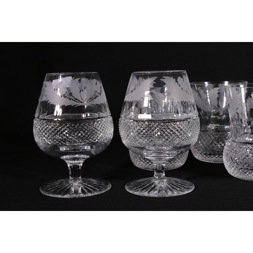 226 - A twenty-two piece set of etched thistle and hobnail cut glassware including two decanters, set of e... 