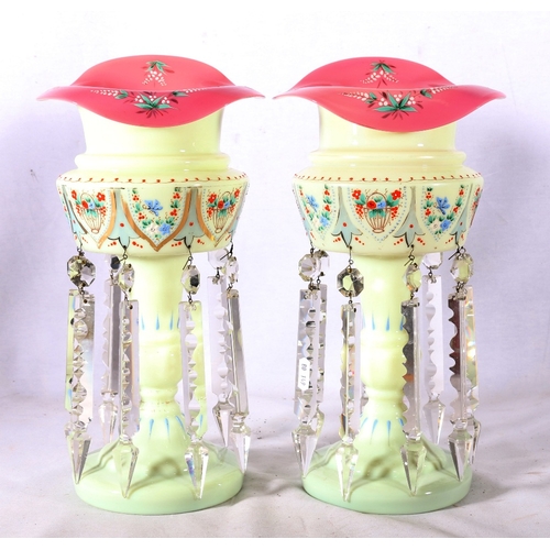 227 - Pair of opaline glass girandole table lustres with faceted glass drops, 35cm