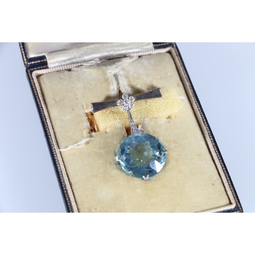 48 - Unhallmarked white metal pendant brooch set with large aquamarine coloured faceted round cut stone a... 