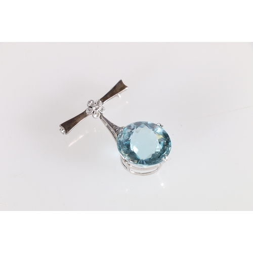 48 - Unhallmarked white metal pendant brooch set with large aquamarine coloured faceted round cut stone a... 