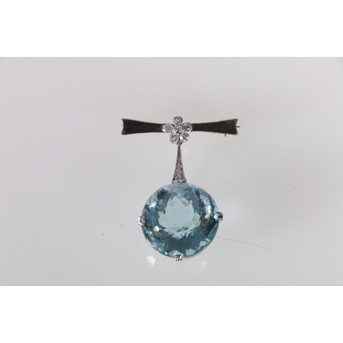 48 - Unhallmarked white metal pendant brooch set with large aquamarine coloured faceted round cut stone a... 