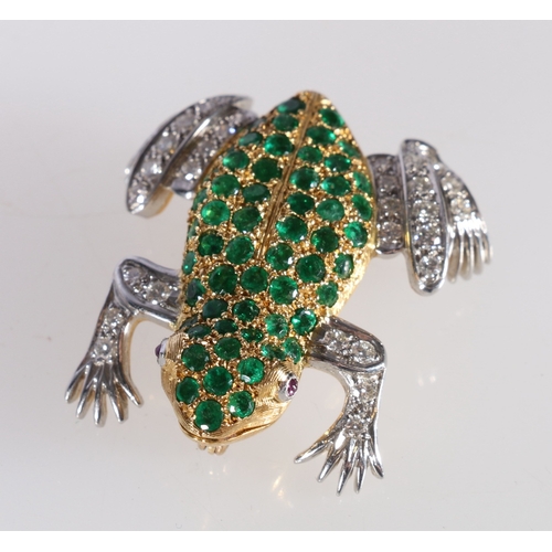 50 - 18ct gold and platinum frog brooch set with rows of round cut diamonds and emeralds, the eyes set wi... 