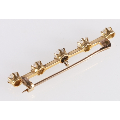 98 - Unhallmarked yellow metal diamond five-stone knife edge bar brooch, each of the five diamonds approx... 